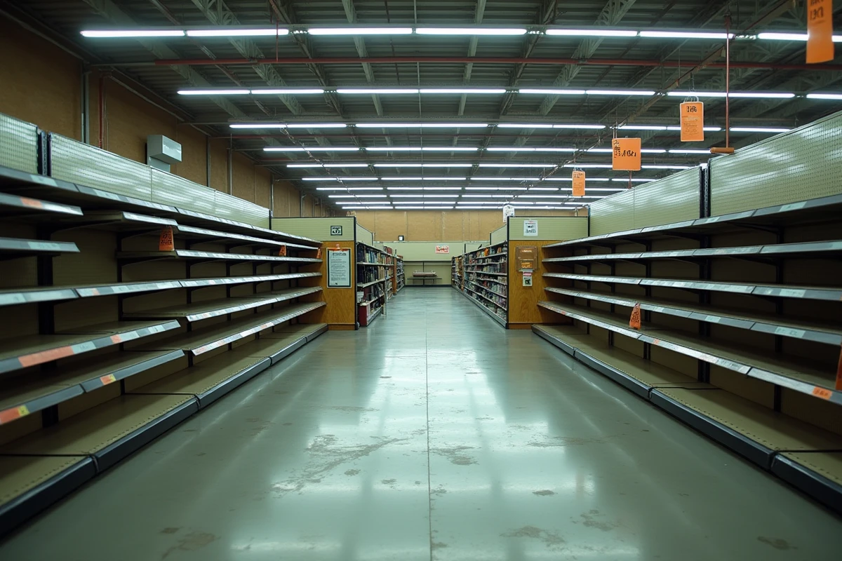 Intérieur vide d'un magasin de sport abandonné avec des rayons métalliques déserts et un sol rayé, évoquant la fermeture définitive d'une enseigne commerciale