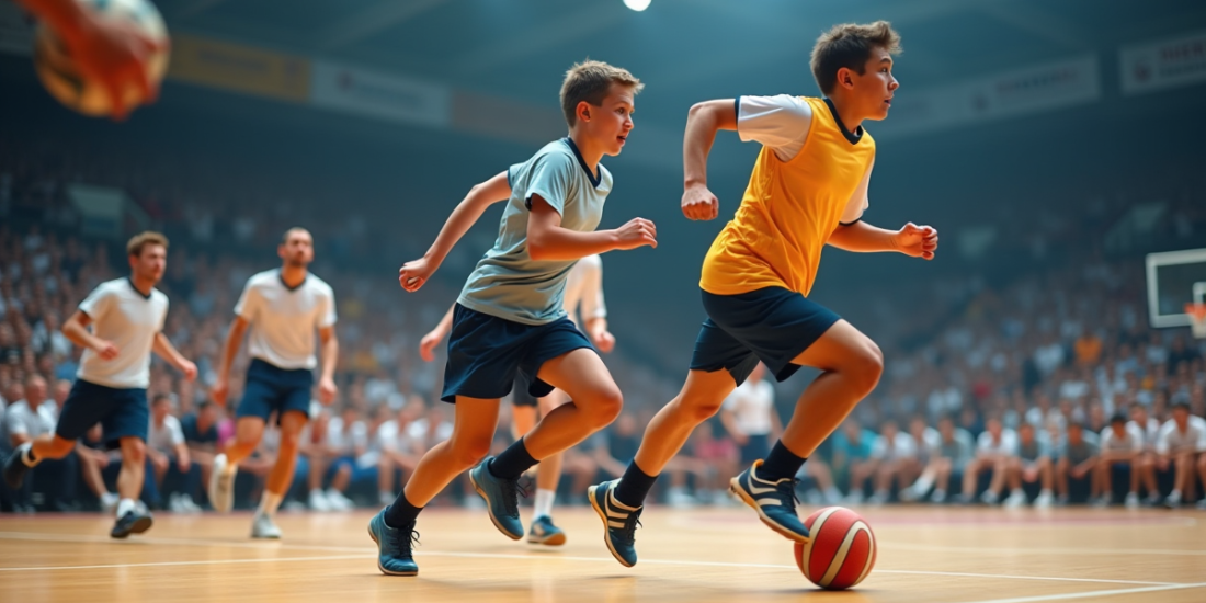 Jeu de handball en cours avec joueurs en mouvement
