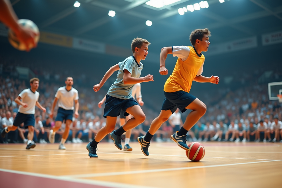 Jeu de handball en cours avec joueurs en mouvement