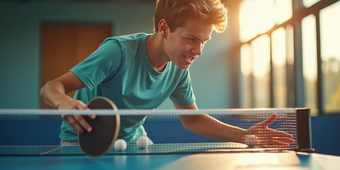 Jeune athlète en action lors d'un match de pingpong avec raquette haut de gamme