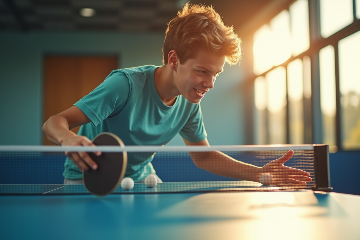 Jeune athlète en action lors d'un match de pingpong avec raquette haut de gamme