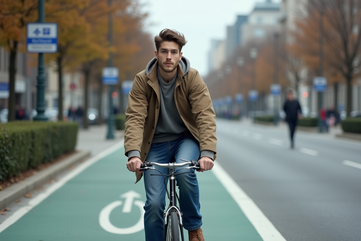Jeune homme à vélo sur une voie urbaine en ville