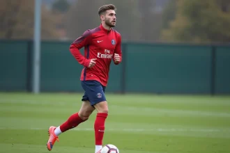 Jeune défenseur PSG en entraînement sur le terrain