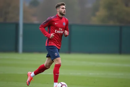 Jeune défenseur PSG en entraînement sur le terrain