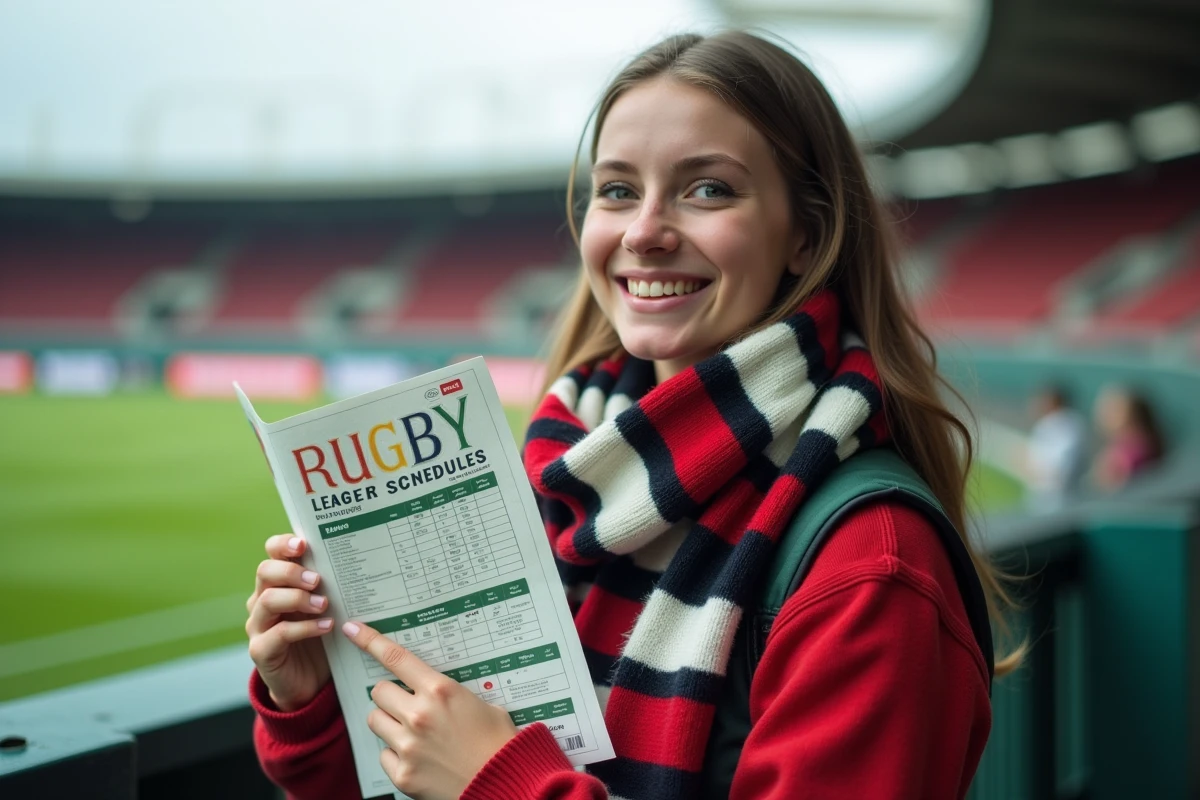Jeune femme fan de rugby souriante avec écharpe devant le stade