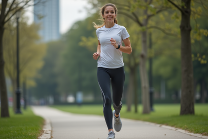 Jeune femme courant dans un parc urbain en leggings et T-shirt technique