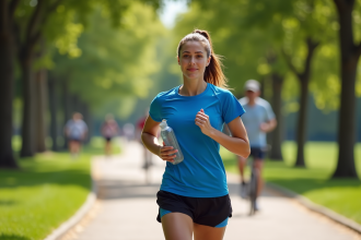 Jeune femme sportive buvant dans un parc en courant