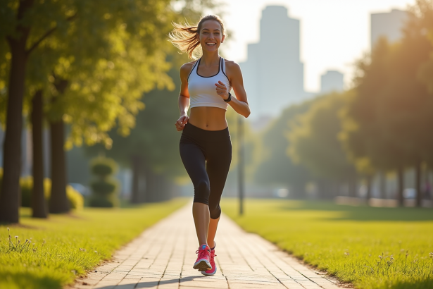 Jeune femme courant dans un parc urbain ensoleille