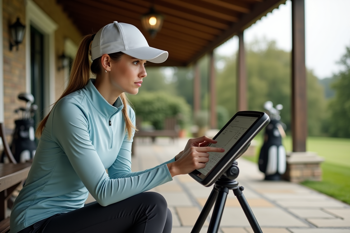 Jeune golfeuse utilisant un terminal de score à la terrasse du club