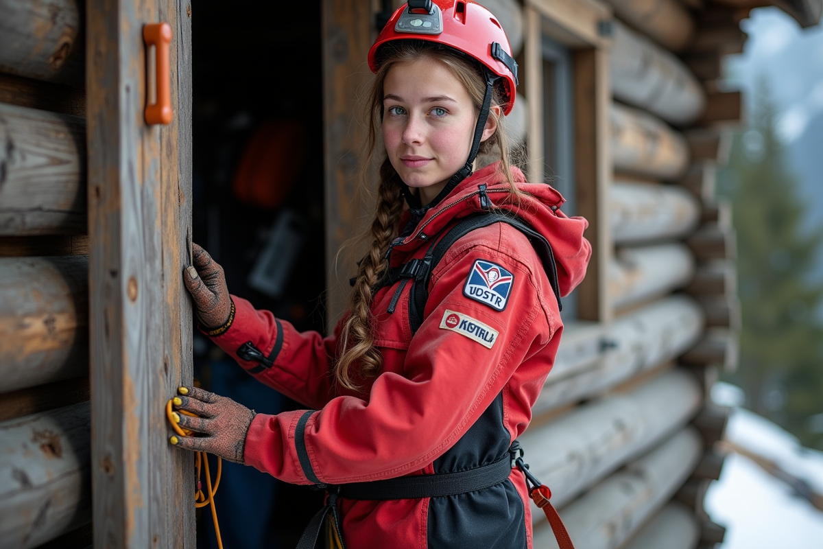 Jeune secouriste femme vérifiant son équipement devant une cabane