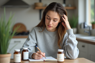 Jeune femme examine des compléments alimentaires dans la cuisine