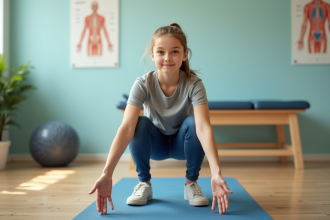 Jeune fille en jeans tente un squat en clinique de rééducation