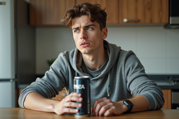 Jeune homme avec boisson energisante dans la cuisine