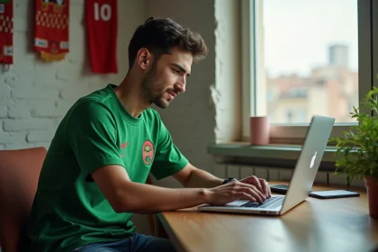 Jeune homme algérien en maillot vert regardant son ordinateur