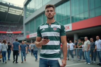 Jeune homme avec ticket et ID devant stade moderne