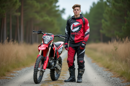 Jeune homme en motocross avec moto 125cc en nature