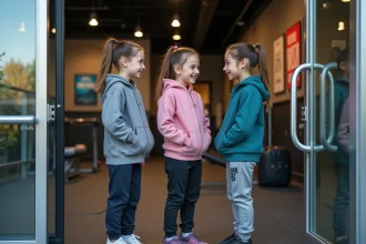 Trois adolescents souriants devant un gym moderne