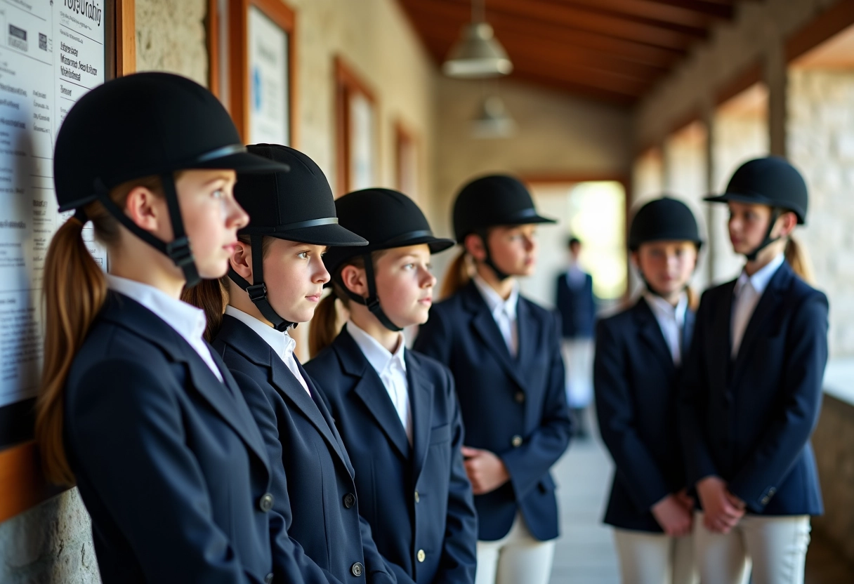 Groupe de jeunes cavaliers lisant un tableau d affichage