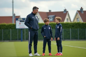 Jeunes footballeurs en tenue avec coach sur terrain Vendée