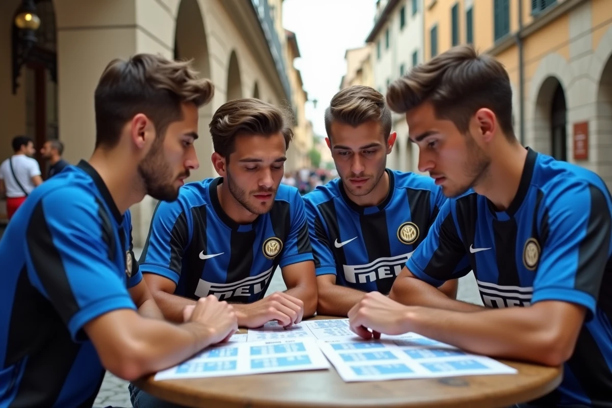 Jeunes adultes en maillots Inter Milan étudient un calendrier football