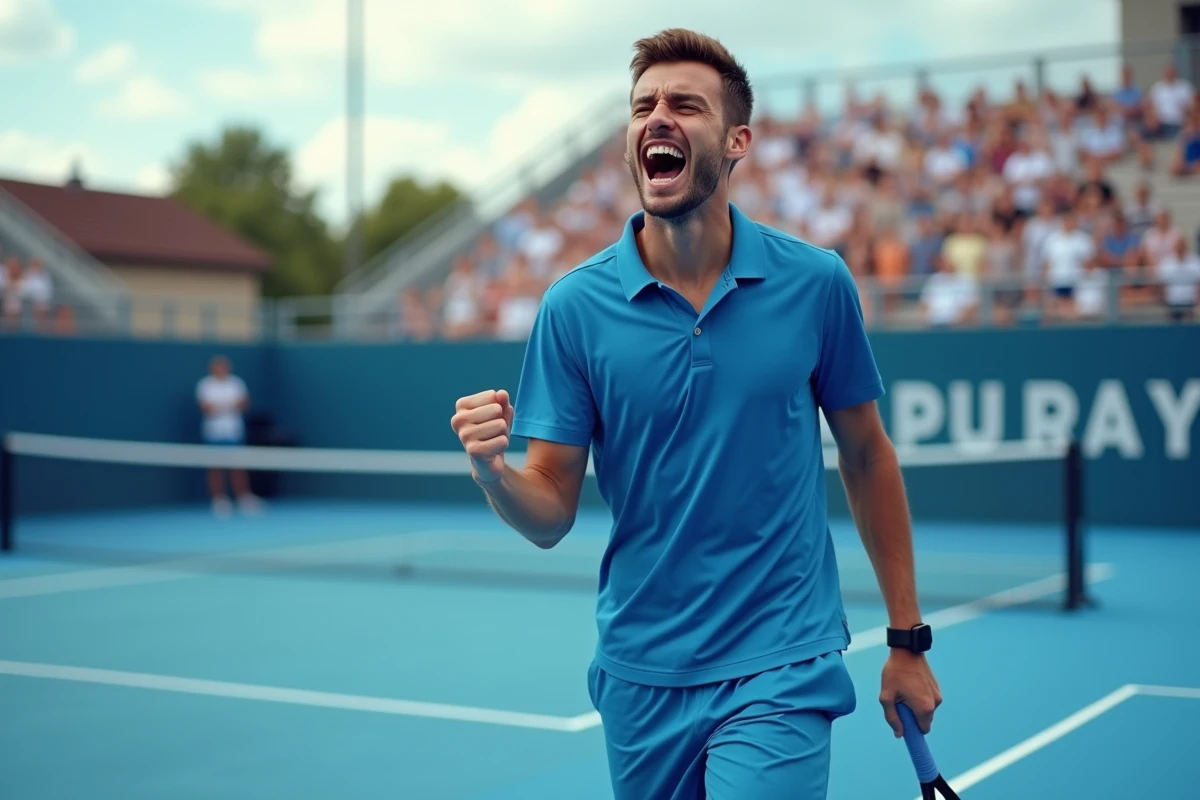 Jeune joueur de tennis en début de vingtaine célébrant un point gagnant sur cour dure, représentant l'émergence des nouveaux talents de la nouvelle génération sur le circuit ATP