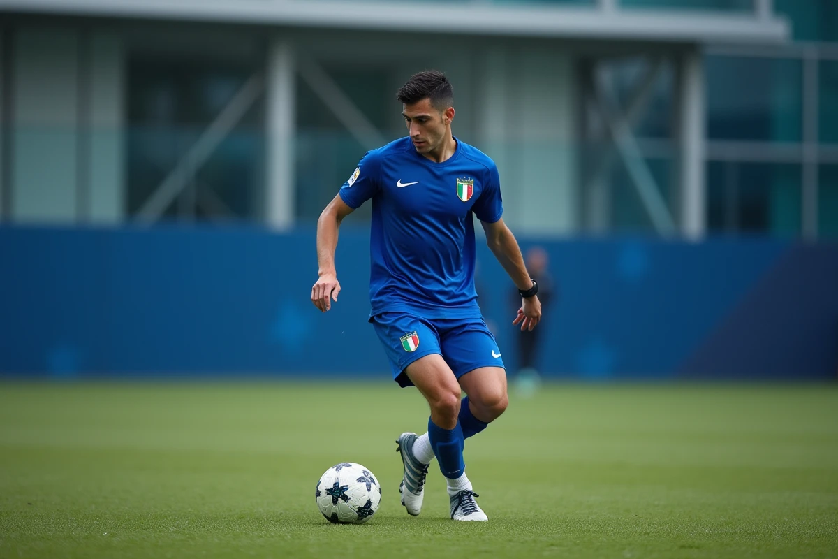 Un joueur de la Squadra Azzurra s'entraîne au contrôle de balle dans le centre d'entraînement moderne de l'équipe italienne pour l'Euro 2026