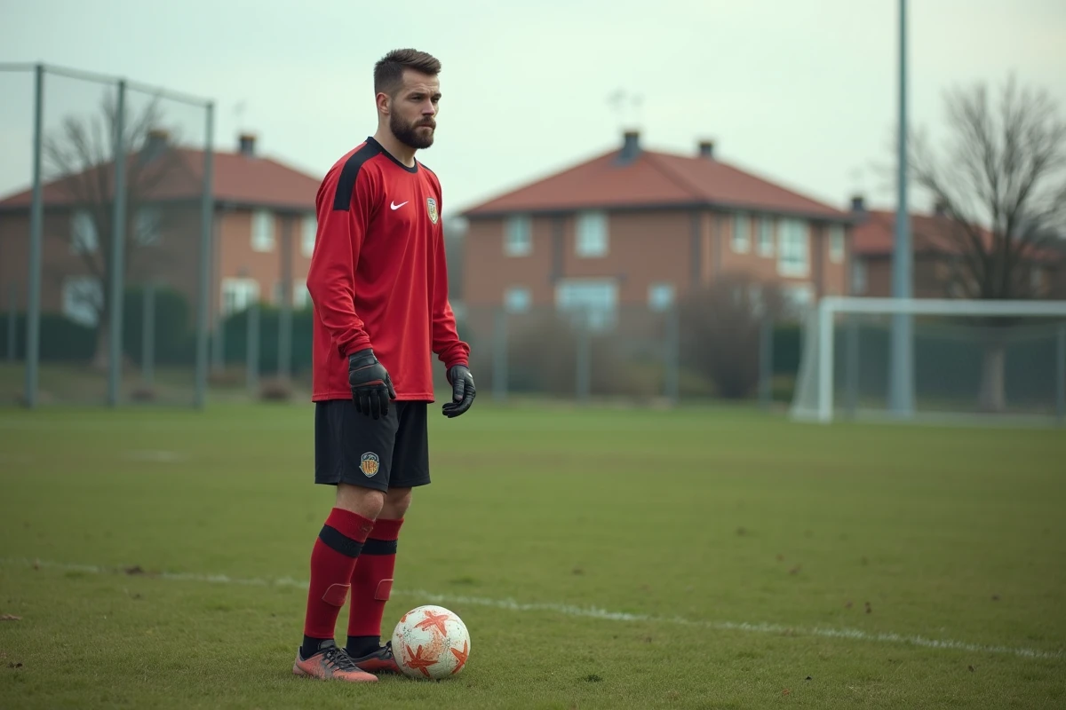 Joueur de football amateur en club de District 31 avec ballon sur terrain herbeux en banlieue toulousaine