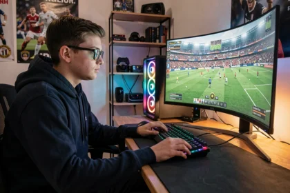 Joueur adolescent concentré sur une session FC 25 avec manette, illustrant les gestes techniques 5 étoiles dans le jeu vidéo de football