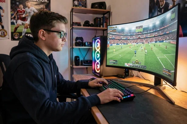 Joueur adolescent concentré sur une session FC 25 avec manette, illustrant les gestes techniques 5 étoiles dans le jeu vidéo de football