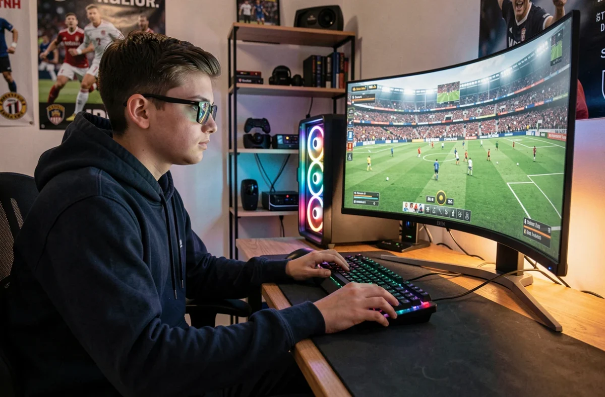 Joueur adolescent concentré sur une session FC 25 avec manette, illustrant les gestes techniques 5 étoiles dans le jeu vidéo de football