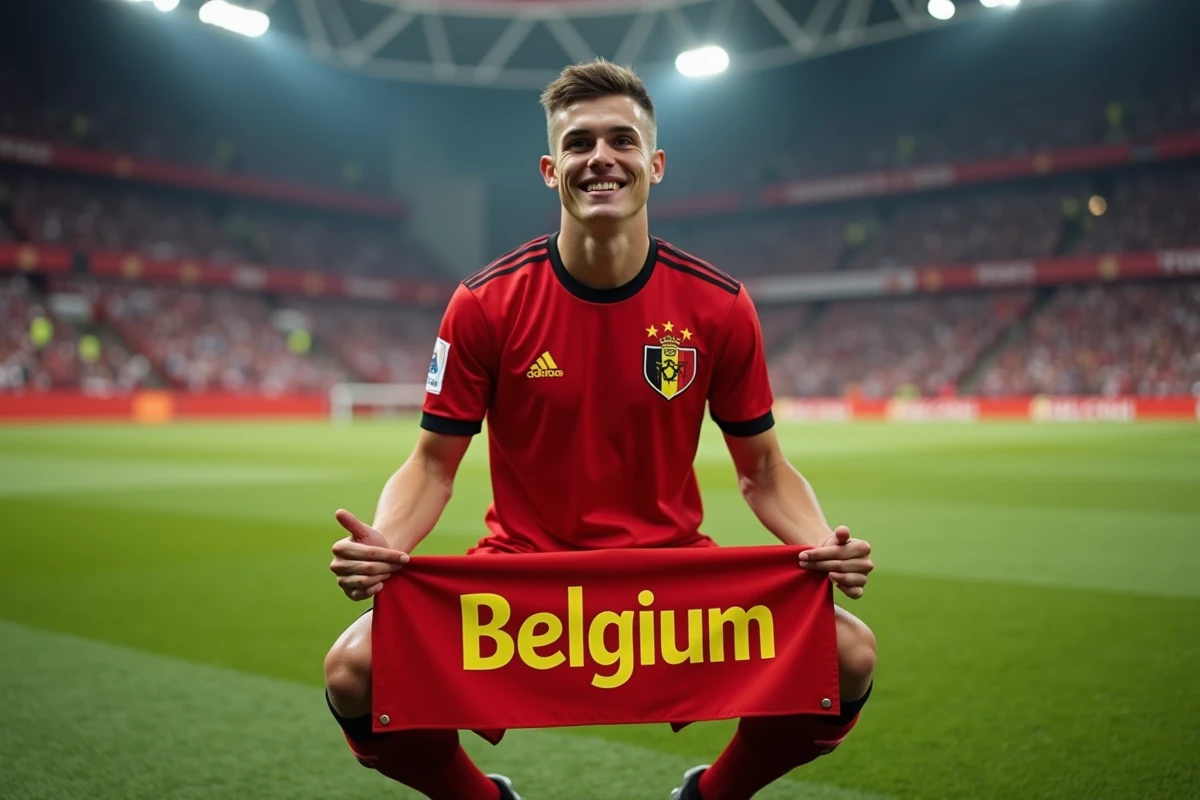 Jeune joueur belge souriant avec bannière sur le terrain