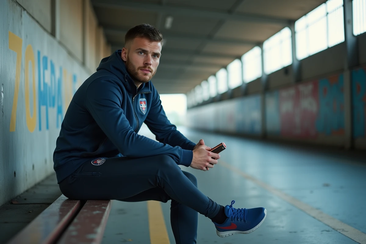 Joueur de football professionnel assis dans le couloir d'un stade tenant son téléphone, dans l'attente d'une décision de transfert avant la fermeture du mercato
