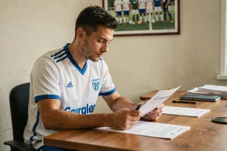 Joueur de football amateur en jersey de club examinant un contrat salarial dans un bureau de club modeste