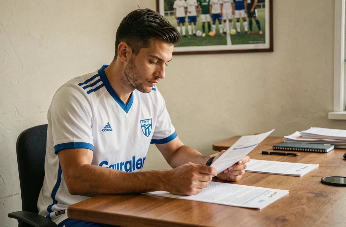 Joueur de football amateur en jersey de club examinant un contrat salarial dans un bureau de club modeste