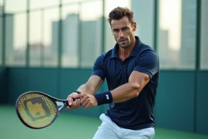 Joueur de padel masculin en plein smash sur un court en verre extérieur, illustrant la compétitivité au niveau P100 en 2026