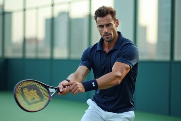 Joueur de padel masculin en plein smash sur un court en verre extérieur, illustrant la compétitivité au niveau P100 en 2026