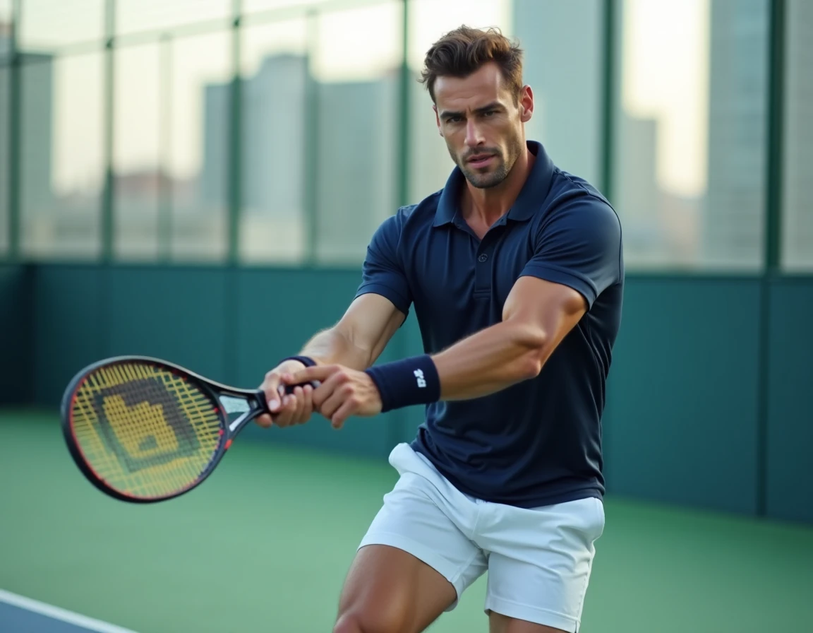 Joueur de padel masculin en plein smash sur un court en verre extérieur, illustrant la compétitivité au niveau P100 en 2026
