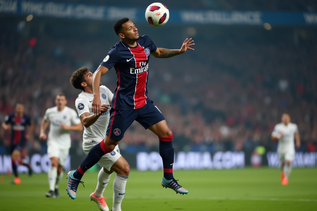 Joueur PSG effectuant une tête lors d’un match intense
