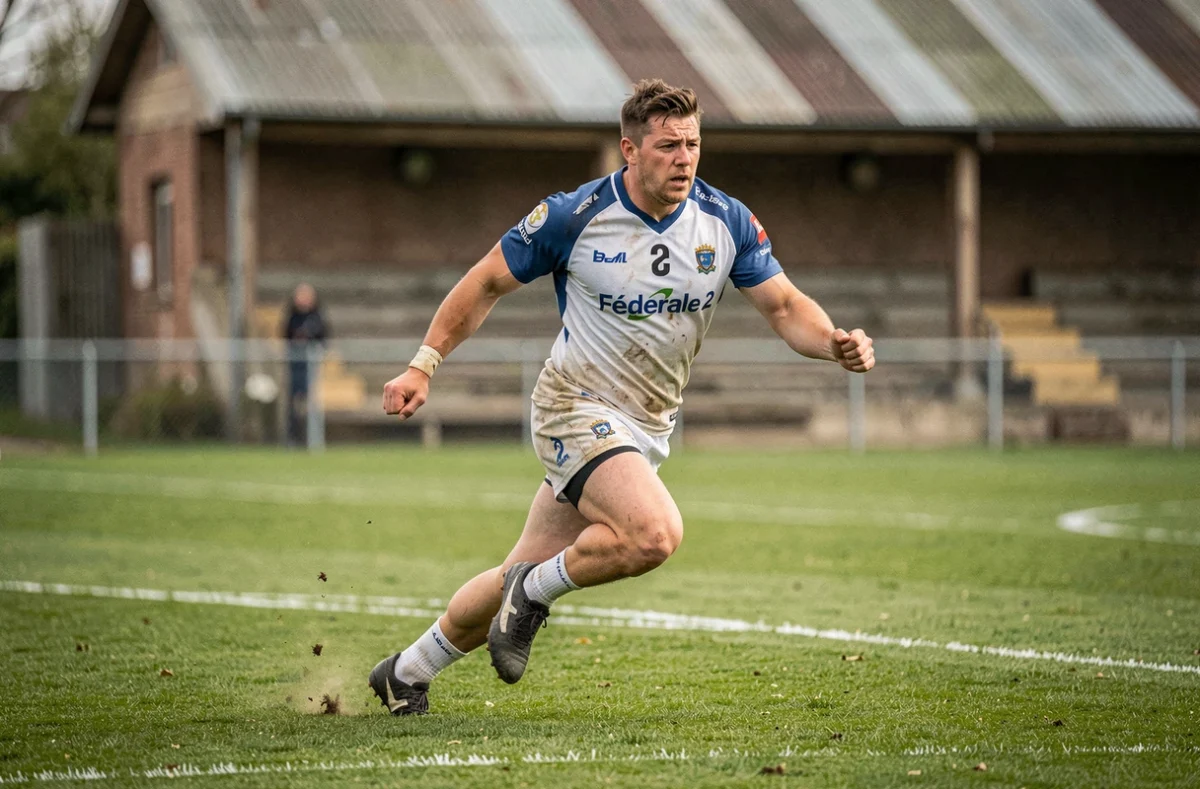 Joueur de rugby Fédérale 2 en pleine percée vers la ligne d'essai lors d'un match de Poule 4