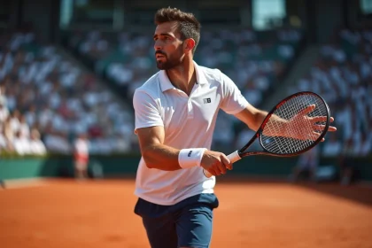 Joueur de tennis professionnel en plein élan sur un court en terre battue lors d'un tournoi ATP