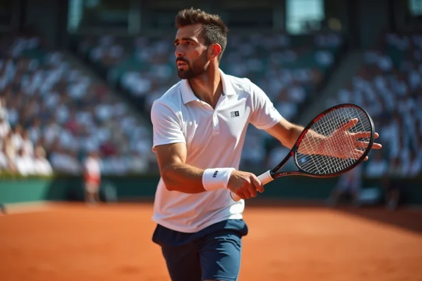 Joueur de tennis professionnel en plein élan sur un court en terre battue lors d'un tournoi ATP