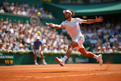 Joueur de tennis en plein saut frappant une balle sur terre battue lors d'un tournoi