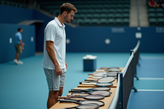 Joueur de tennis professionnel examine ses raquettes sur le court intérieur