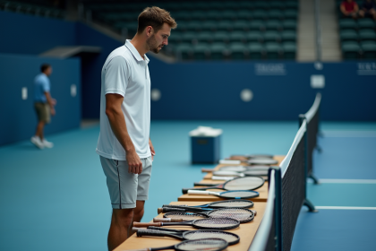Joueur de tennis professionnel examine ses raquettes sur le court intérieur