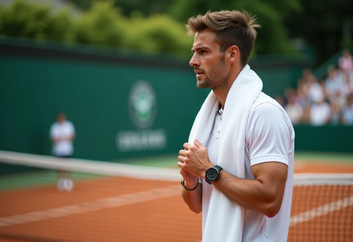 Joueur de tennis masculin en pause sur court en terre battue