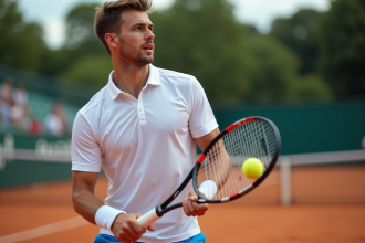 Jeune joueur de tennis en action sur terre battue
