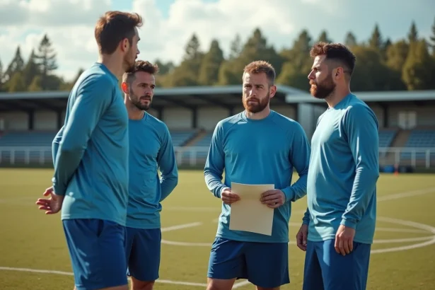 Joueurs amateurs de football en District 31 Haute-Garonne écoutant les consignes du coach au bord du terrain