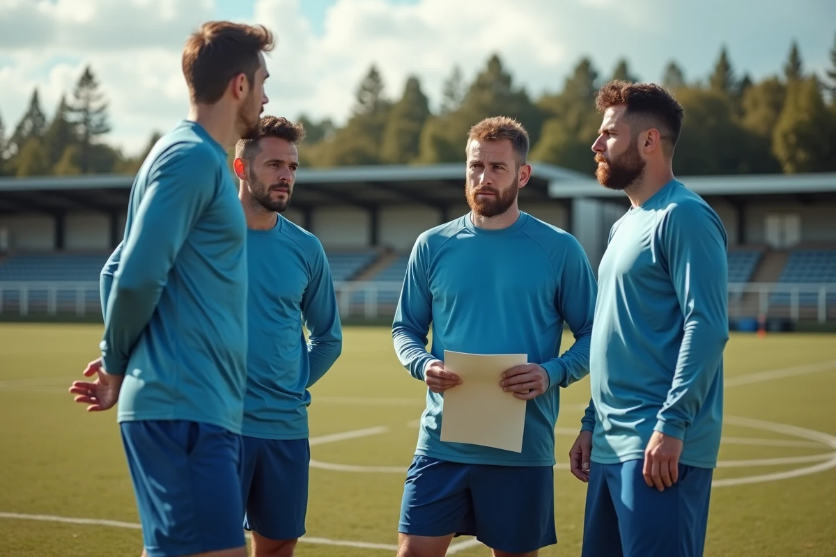 Joueurs amateurs de football en District 31 Haute-Garonne écoutant les consignes du coach au bord du terrain