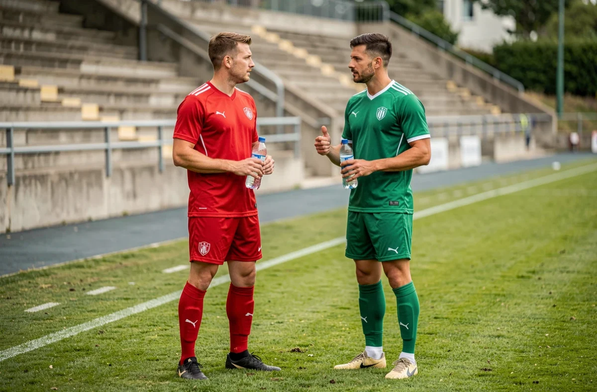 Deux joueurs de football en tenue d'entraînement discutant en bord de terrain dans un stade de National 2