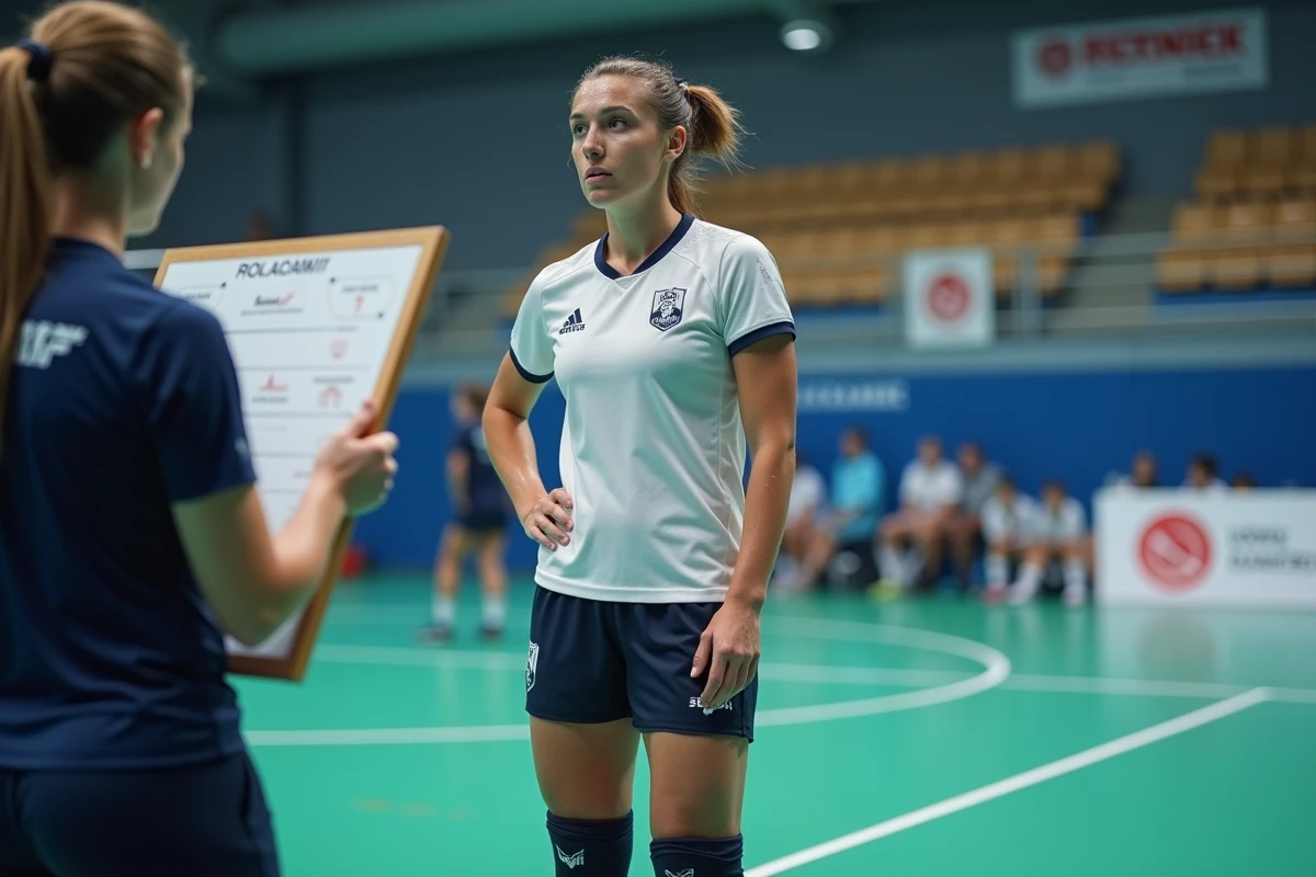 Joueuse de handball concentrée lors d'un temps mort en championnat de France féminin